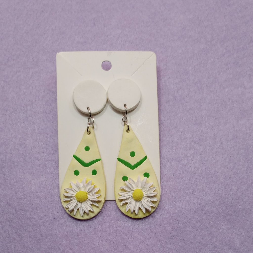 Yellow Tear drop and flowers- Polymer Clay Earrings